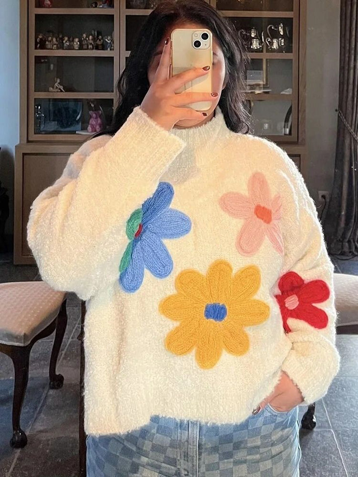 Women’s Floral Knit Crewneck Pullover Sweater
