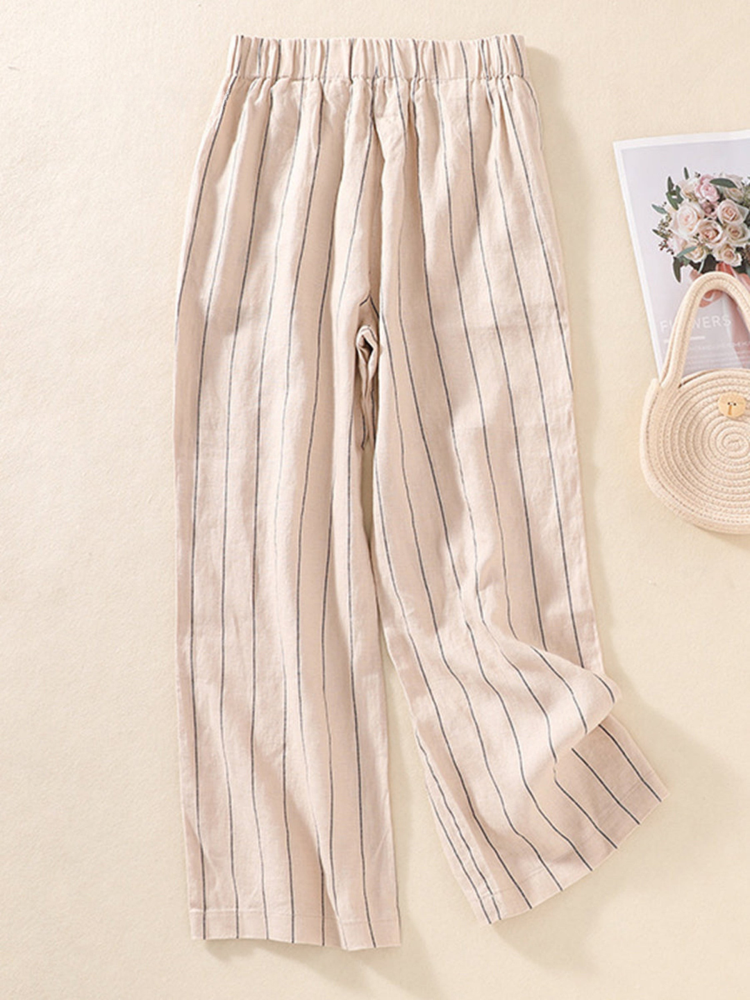 Linen Wide Leg Striped Trousers Women High Waisted Palazzo Pants