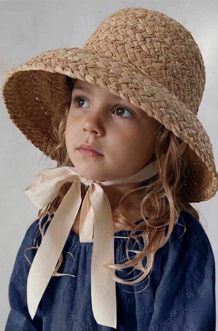 Girls Straw Sun Hat with Ribbon Chin Strap Wide Brim Kids Beach Hat