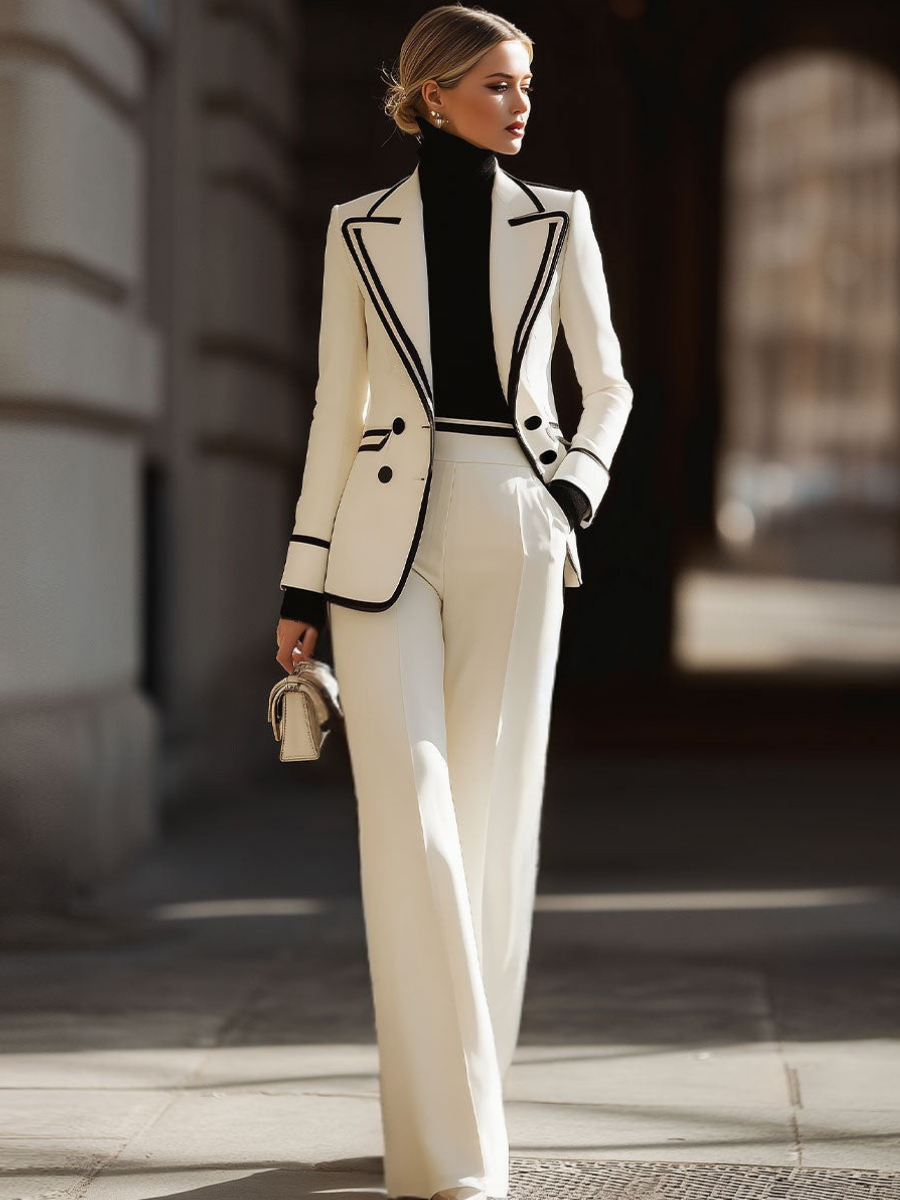 Women's Wool High-Waist Double-Breasted Wide-Leg Trouser Suit