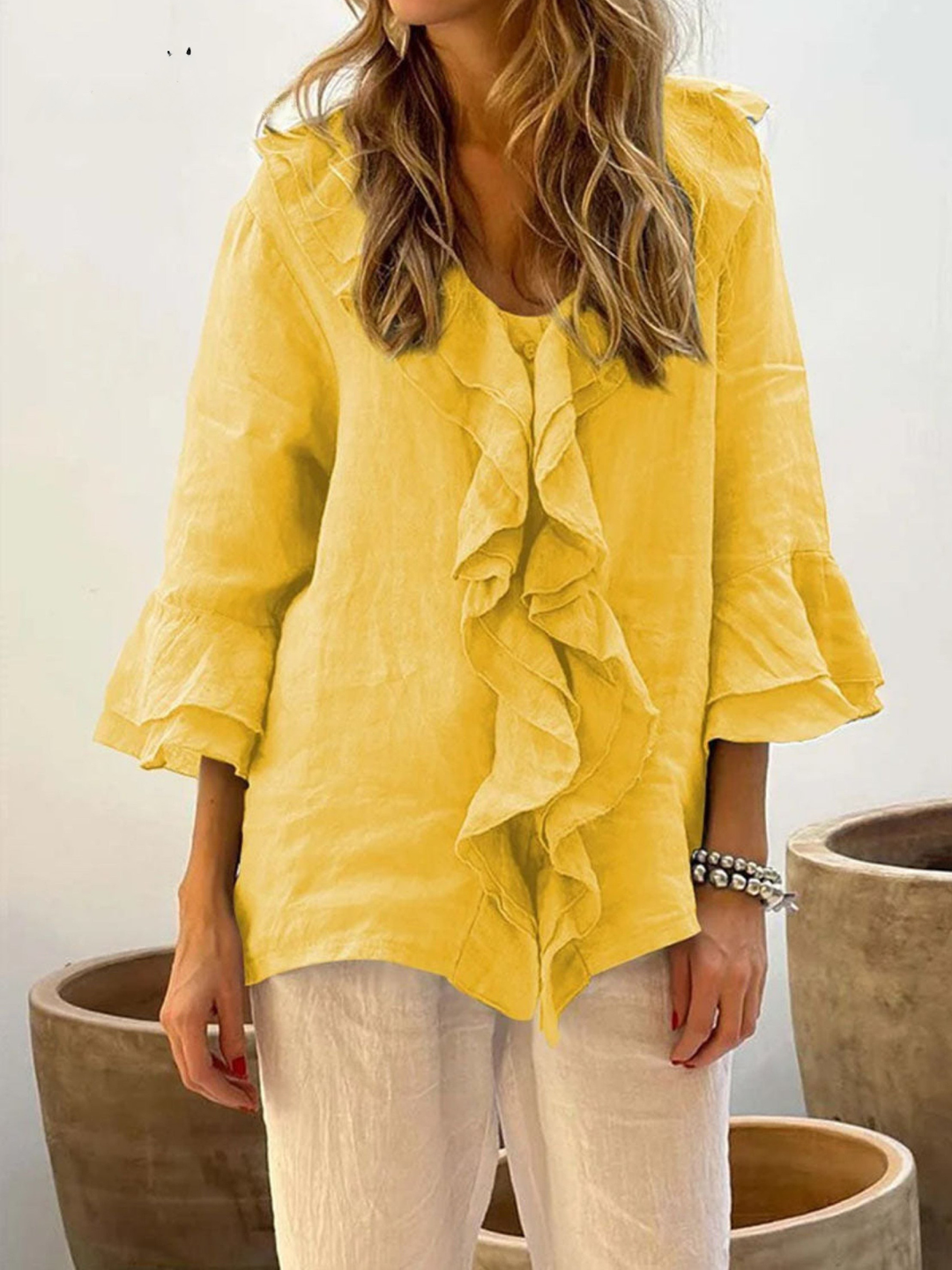 Women's Linen Ruffle Blouse and Wide Leg Trousers Pants