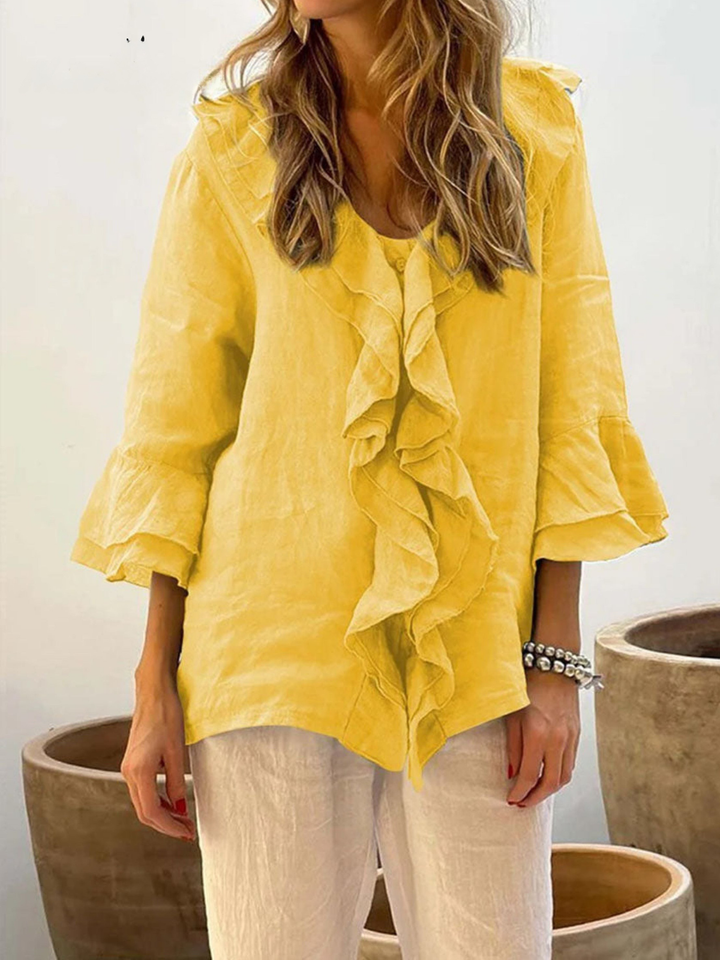 Women's Linen Ruffle Blouse and Wide Leg Trousers Pants