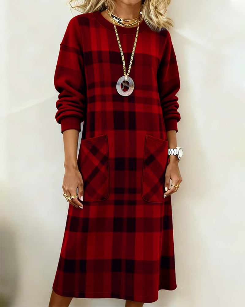 Women's Knit Round-Neck Plaid Shift Dress