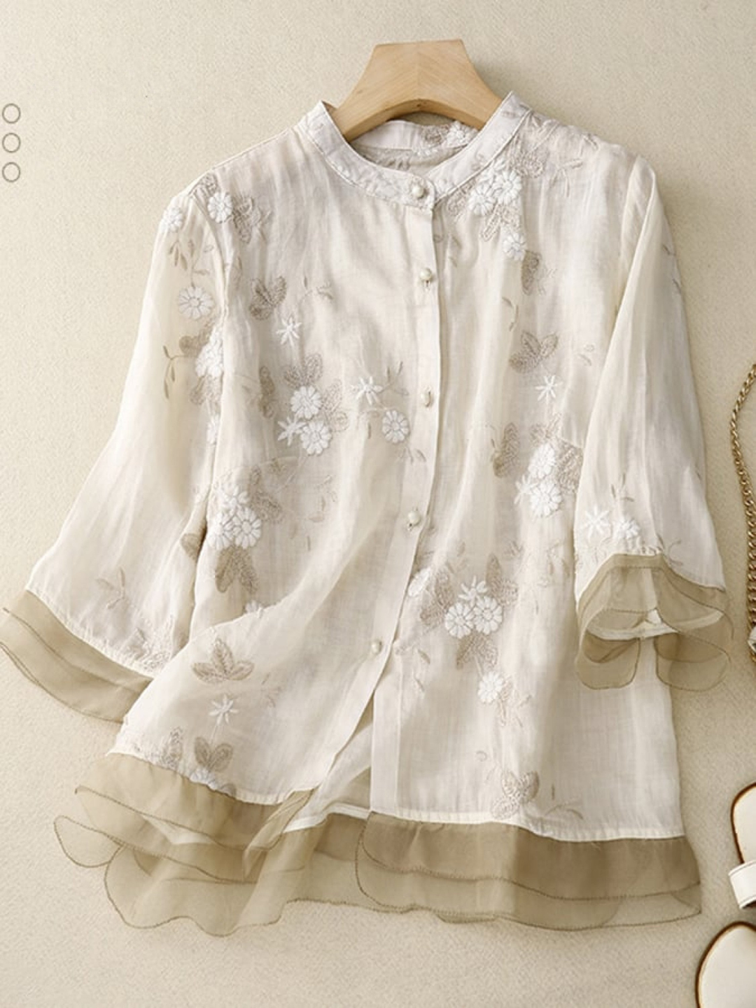 Women's Embroidered Silk Blouse Lightweight Floral Mesh Shirt Tunic