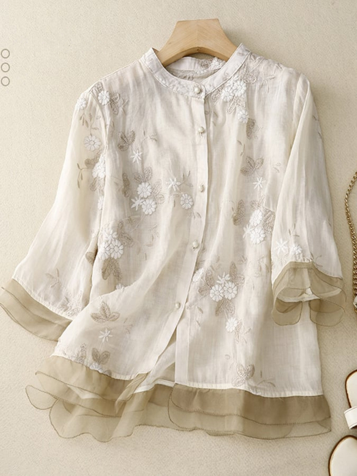 Women's Embroidered Silk Blouse Lightweight Floral Mesh Shirt Tunic