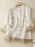 Women's Embroidered Silk Blouse Lightweight Floral Mesh Shirt Tunic