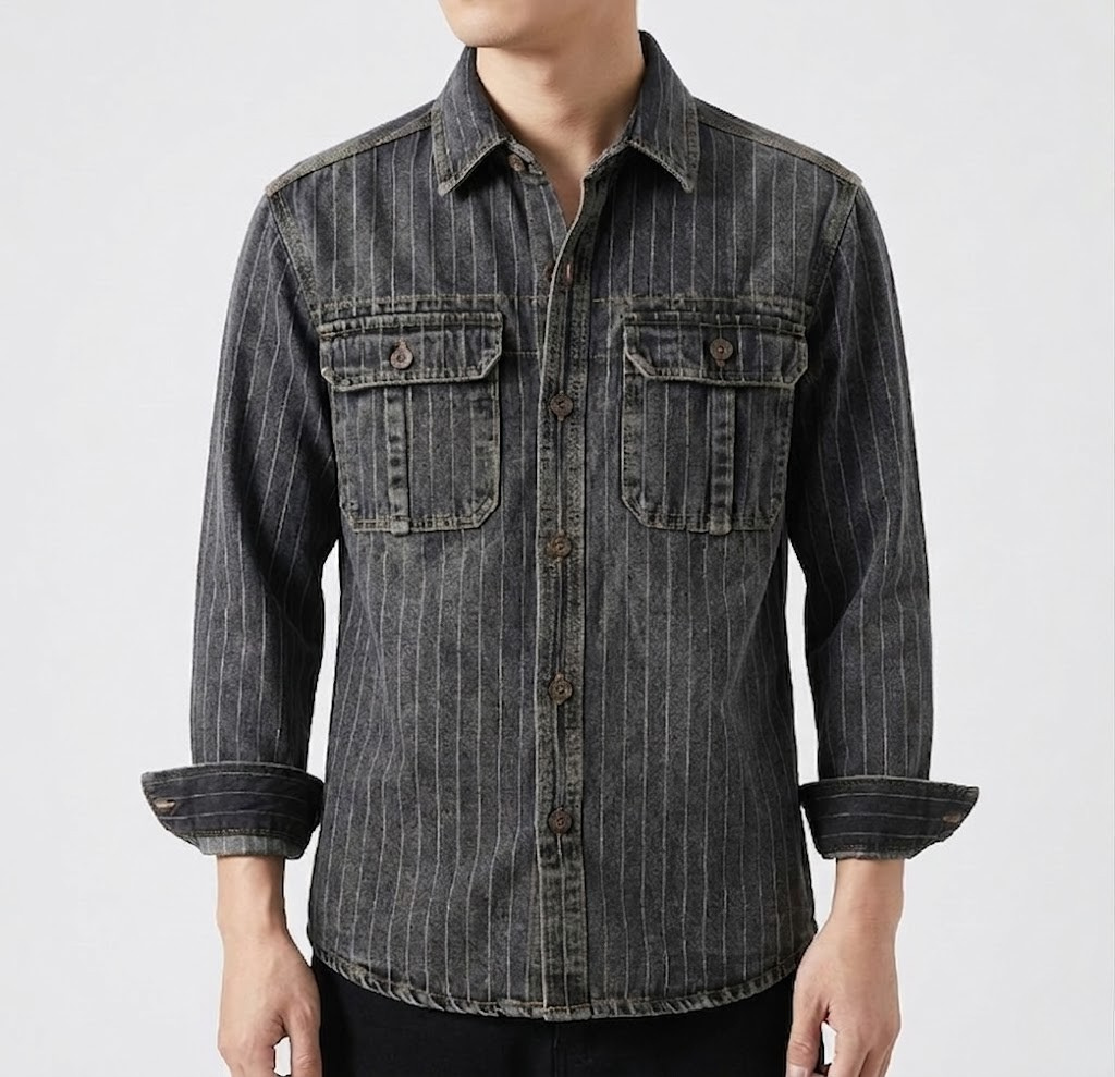 Men's Striped Denim Casual Button Down Shirt