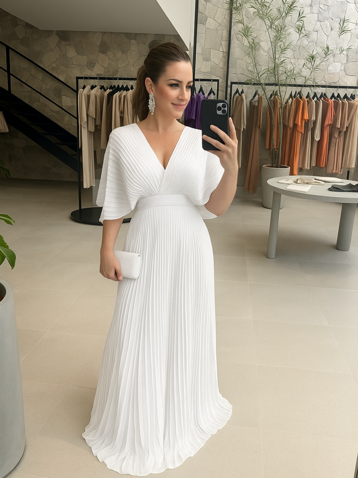 Women’s Pleated V-Neck Linen-Blend Maxi Dress