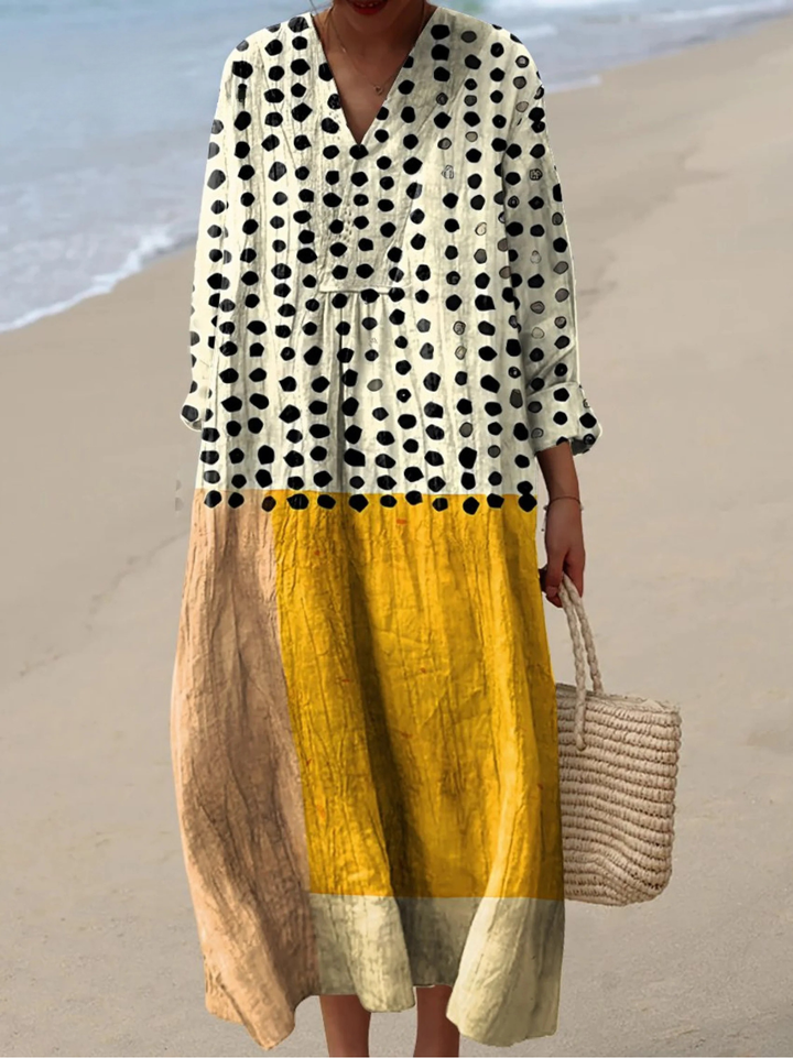 Women's Linen Maxi Dress V-Neck Long Sleeve Relaxed Fit Kaftan