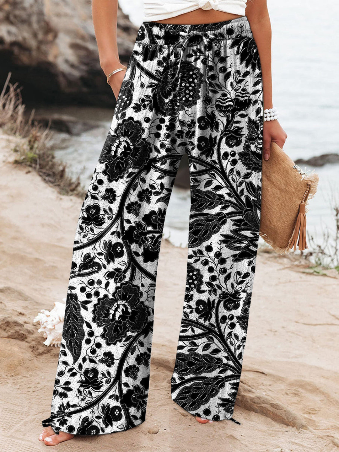 Women's Linen Wide Leg Trousers Floral Print High Waisted Palazzo Pants