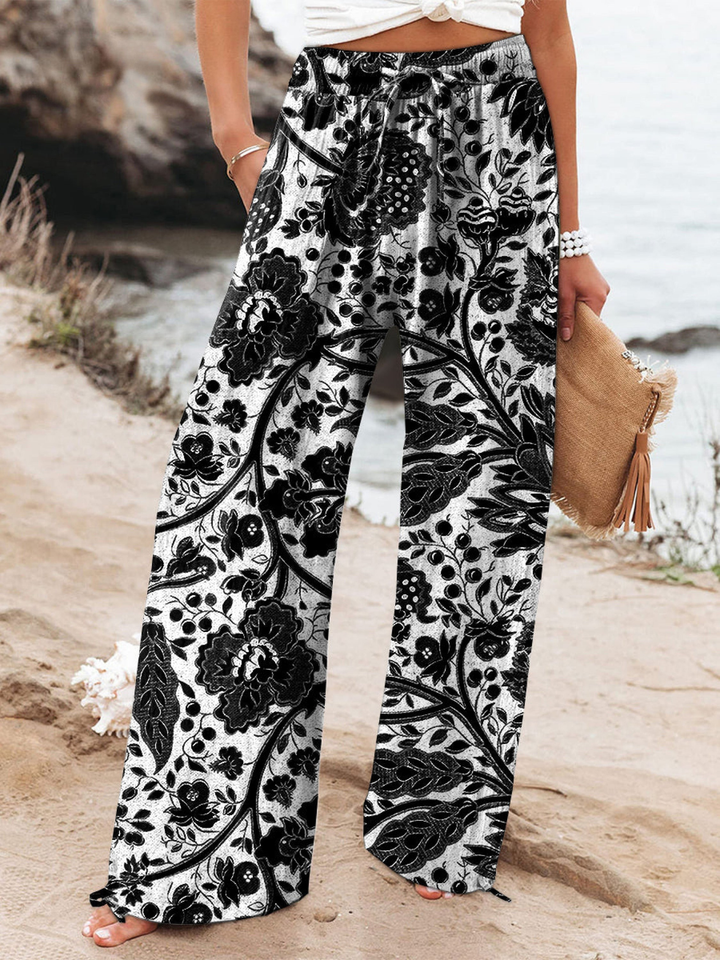 Women's Linen Wide Leg Trousers Floral Print High Waisted Palazzo Pants