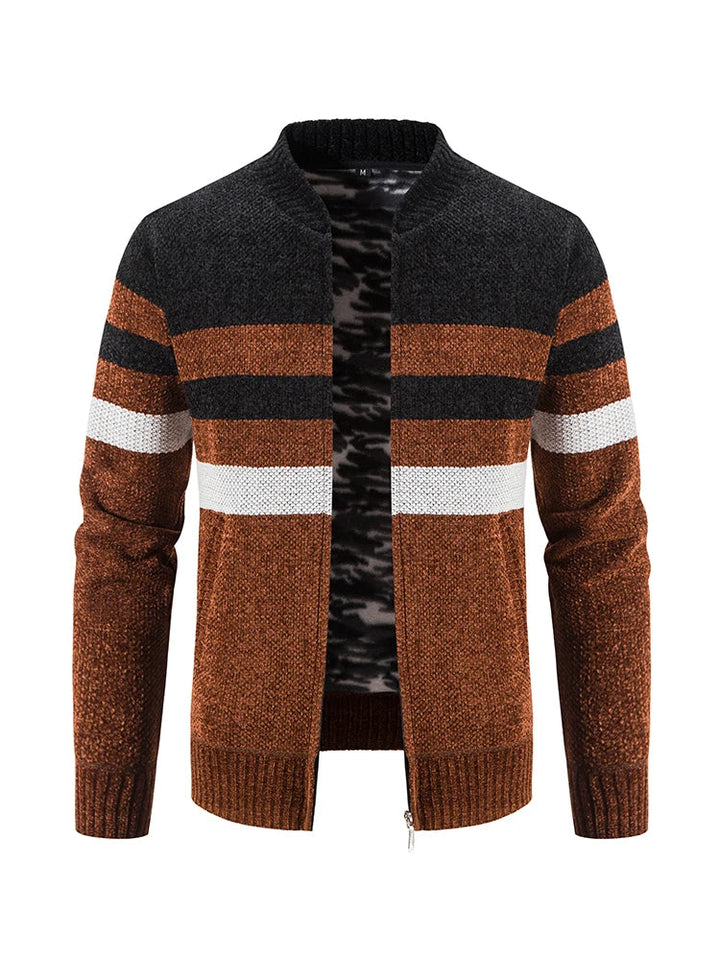 Men's Merino Wool Knit Cardigan Striped Zipper Sweater