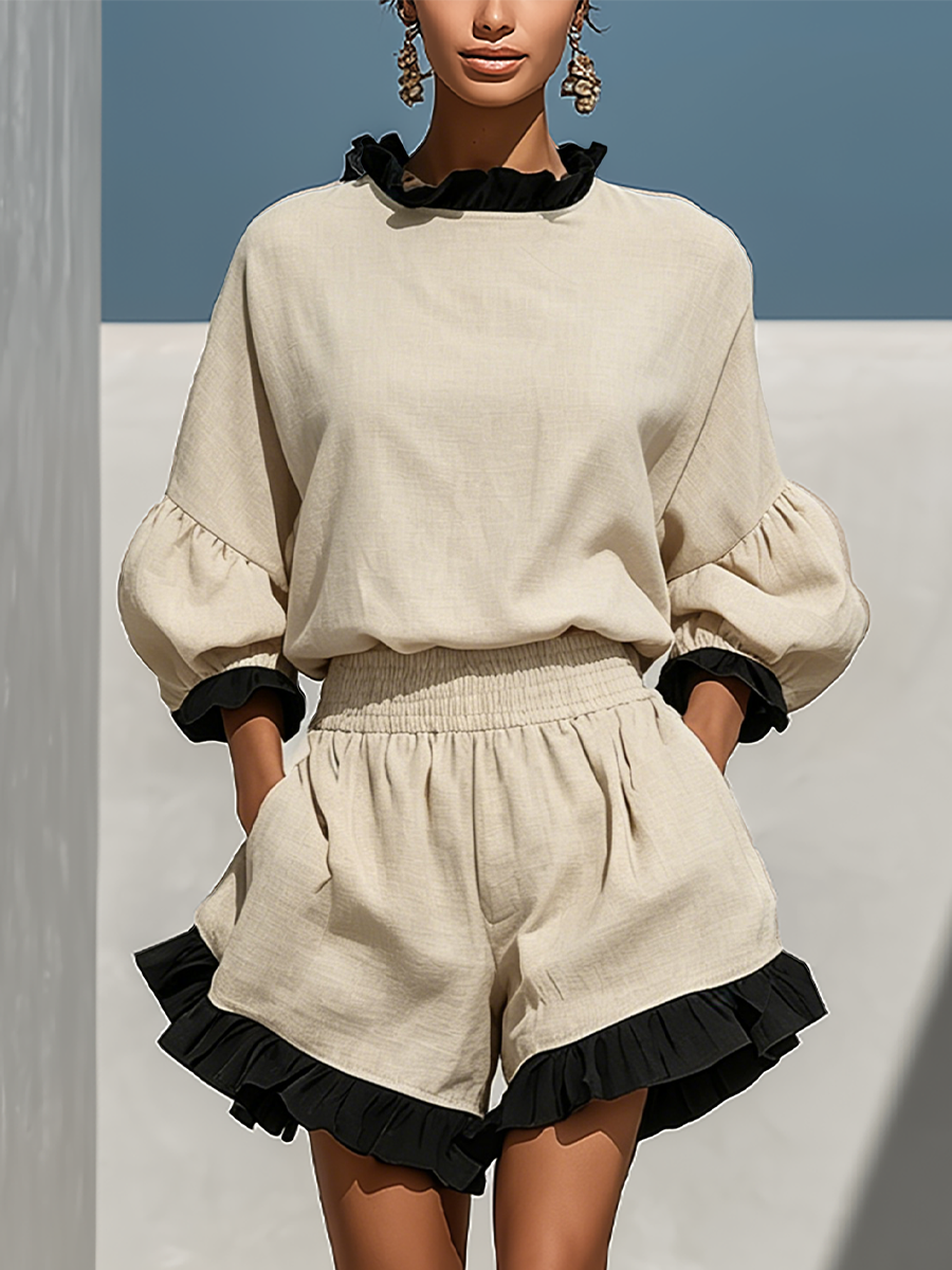 Women's Linen Long Sleeve Shorts Set Two Piece Loungewear