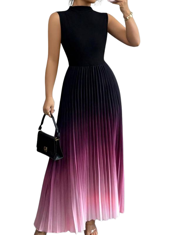 Women's Sleeveless Mock Neck Pleated Maxi Dress Ombre Formal Gown