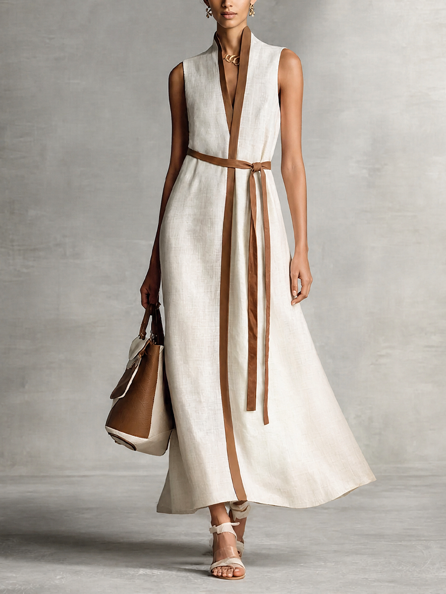 Women's Linen Sleeveless Plunge V-Neck Belted Maxi Dress