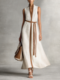 Women's Linen Sleeveless Plunge V-Neck Belted Maxi Dress