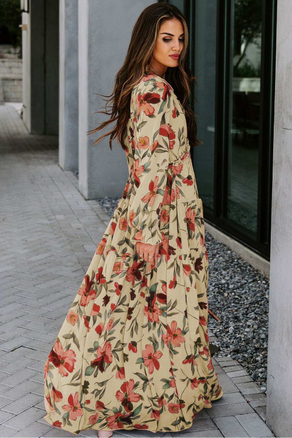 Women's Chiffon Floral V Neck Long Sleeve Maxi Dress