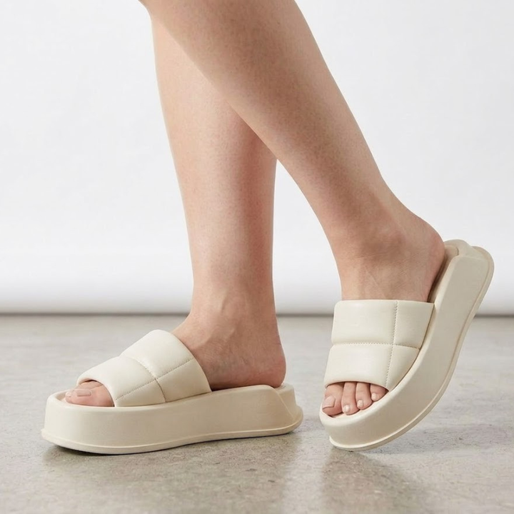 Women's Leather Platform Slides Foam Padded Flat Sandals
