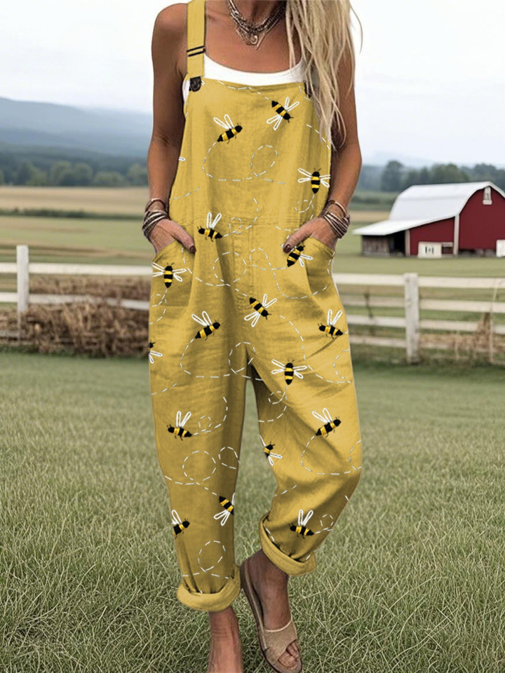 Women's Linen Blend Graphic Print Loose Fit Sleeveless Overalls Jumpsuit