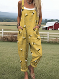 Women's Linen Blend Graphic Print Loose Fit Sleeveless Overalls Jumpsuit