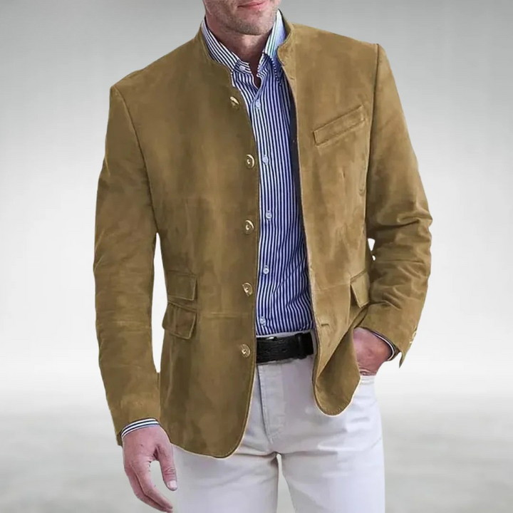 Men's Suede Leather Stand Collar Blazer Jacket