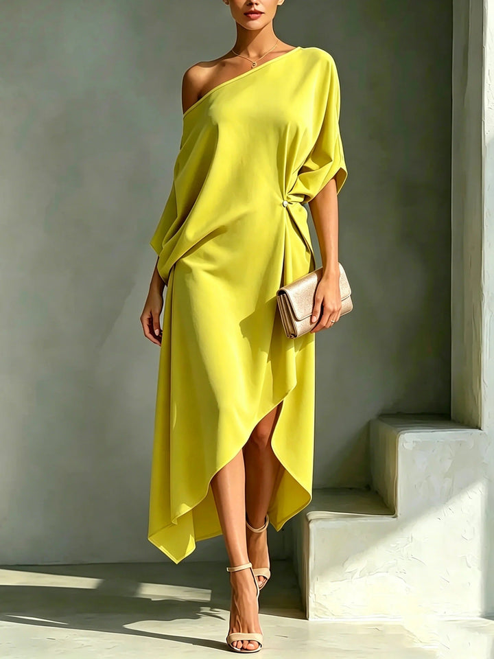 Women's Satin Asymmetric Off Shoulder Draped Party Midi Dress