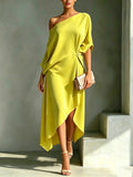 Women's Satin Asymmetric Off Shoulder Draped Party Midi Dress