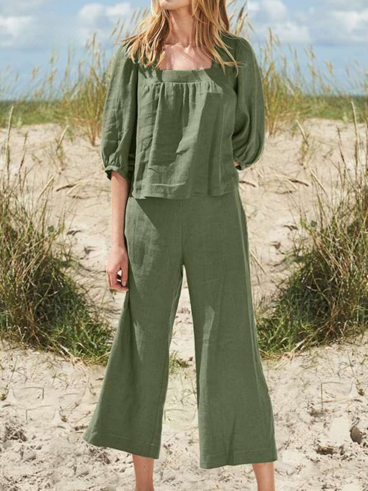 Women's Linen Two Piece Set Wide Leg Trousers and Puff Sleeve Top