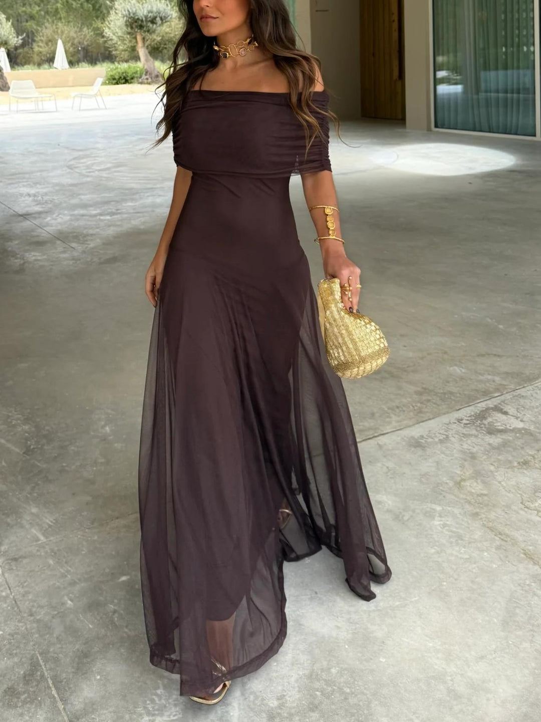 Women's Off Shoulder Chiffon A Line Party Evening Maxi Dress