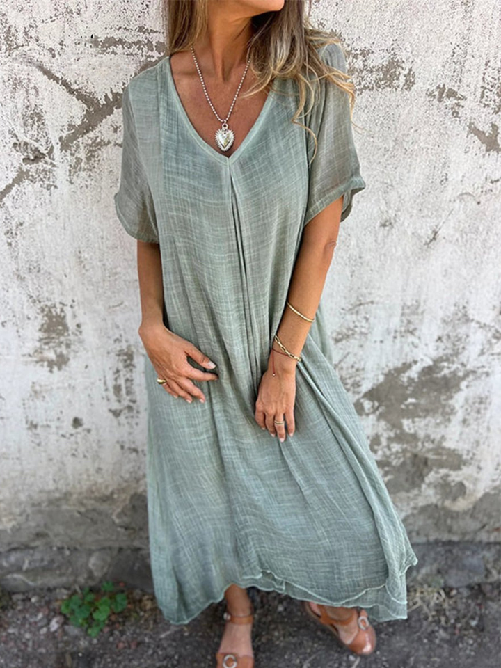 Women's Linen V-Neck Maxi Dress Short Sleeve Loose Fit Kaftan Style
