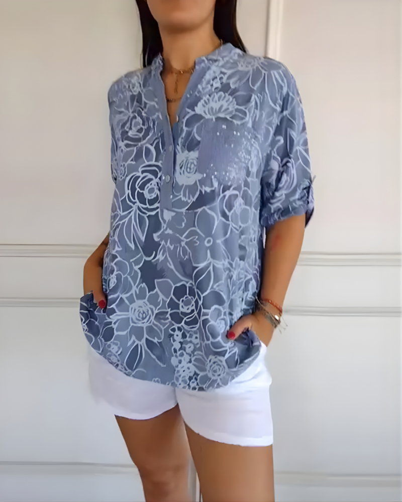 Γυναικεία λινή floral μπλούζα με πατιλέτα με κουμπιά και τσέπη με παγιέτες