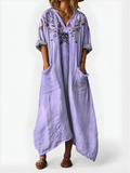 Women’s Linen Kaftan Boho Maxi Dress Floral Embroidered V Neck Relaxed Tunic