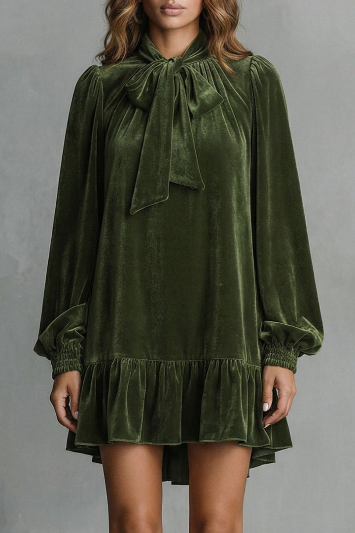 Women’s Velvet Bow-Tie Neck Long-Sleeve Mini Dress
