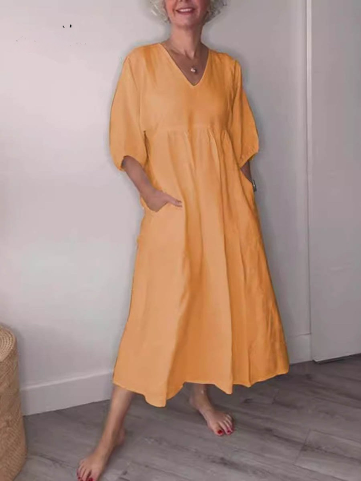 Women's V-Neck Linen Maxi Dress With Half Sleeves