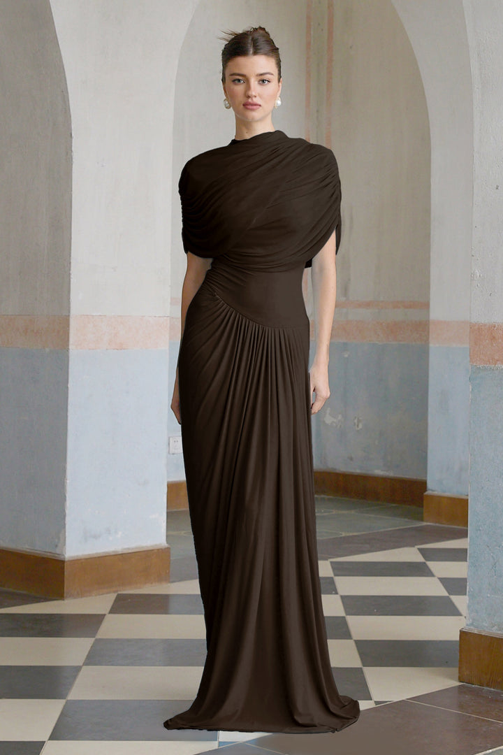 Women’s Satin Draped Mock-Neck Asymmetric Ruched Maxi Dress