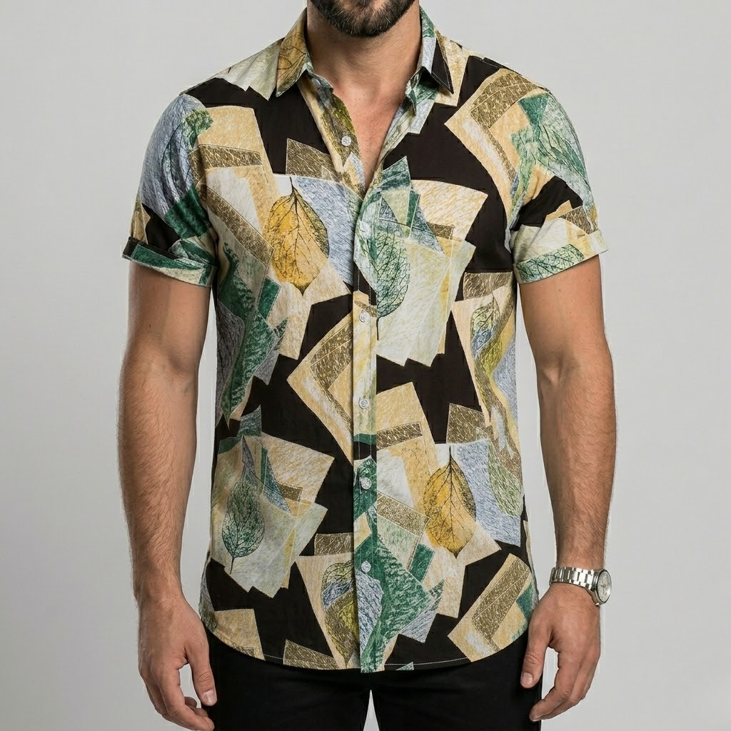 Linen Men's Short Sleeve Button Down Abstract Print Shirt
