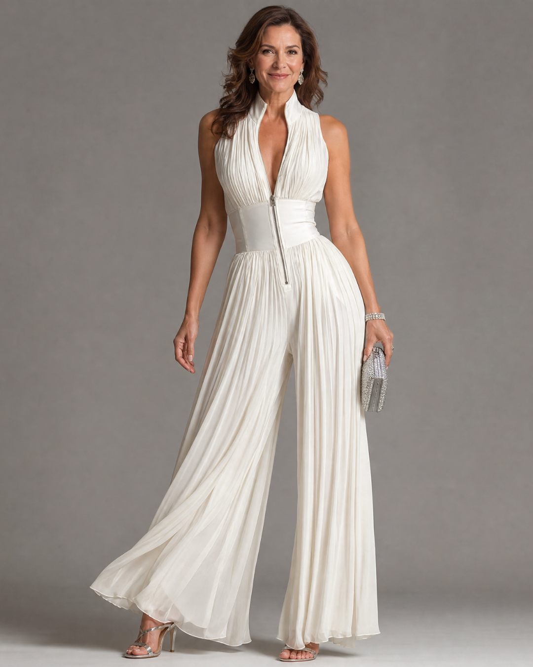 Women’s Chiffon Wide Leg Pleated Sleeveless Jumpsuit