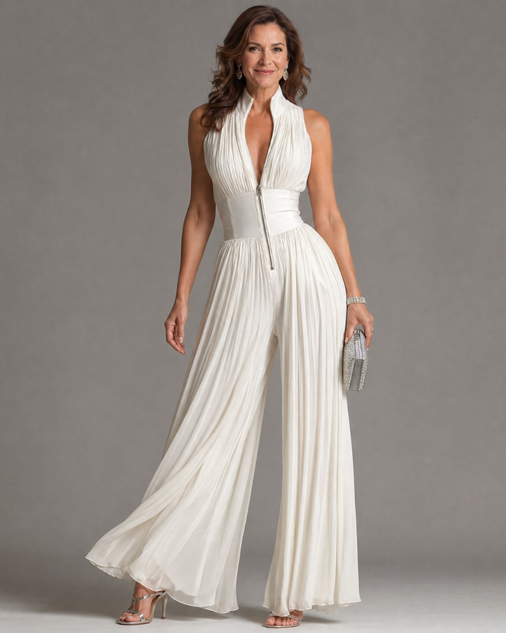 Women’s Chiffon Wide Leg Pleated Sleeveless Jumpsuit