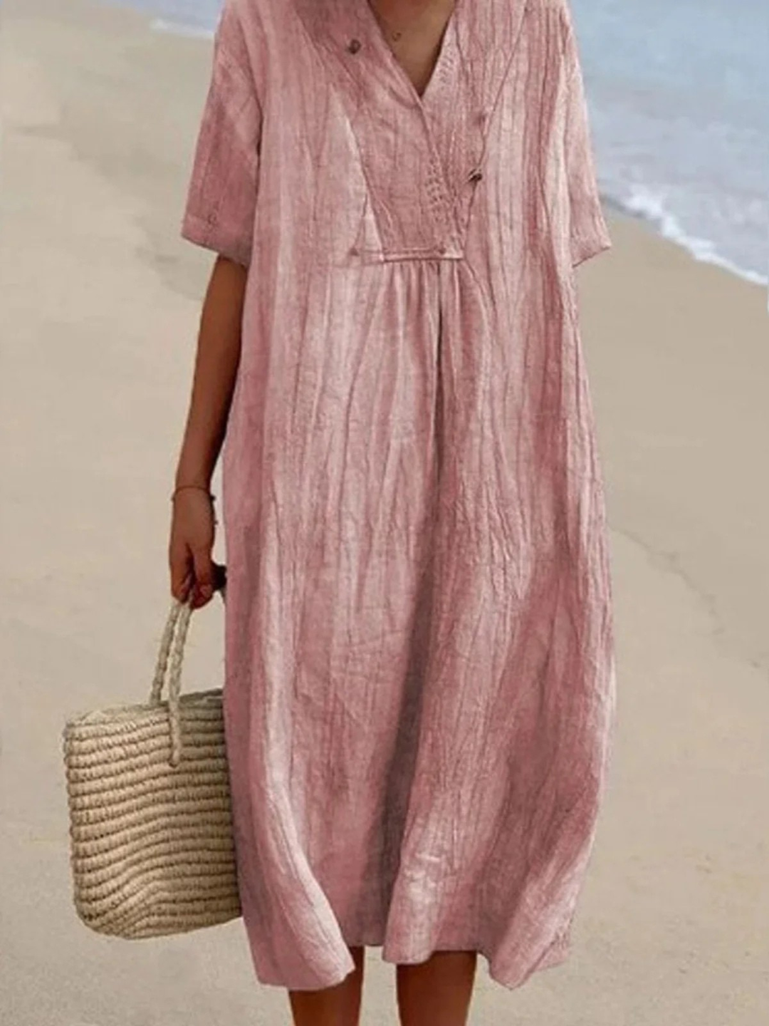 Women's V-Neck Linen Maxi Dress Loose Fit Kaftan Short Sleeve Tunic