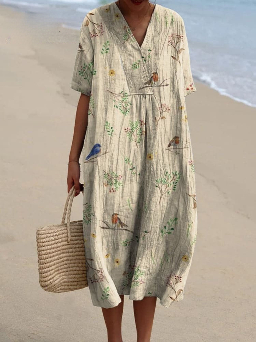 Linen Robin Bird Print Women's Casual Button-Down Shirt and Dress