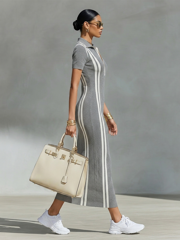 Women's Knit Ribbed Zip Polo Bodycon Maxi Dress