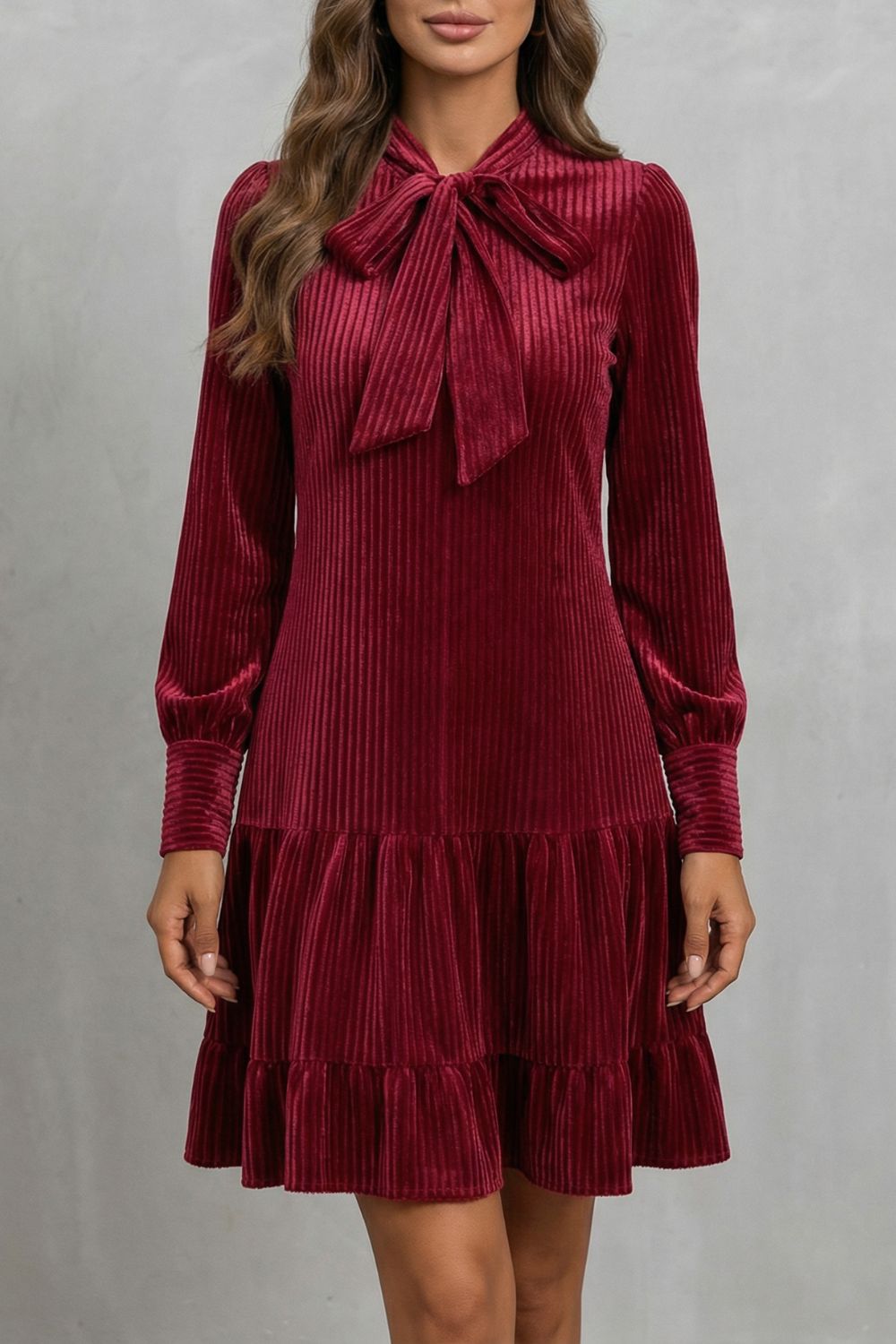Women’s Velvet Bow-Tie Neck Tiered Mini Dress