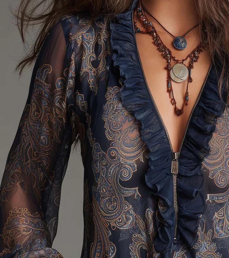 Women's V-Neck Ruffled Long Sleeve Chiffon Blouse
