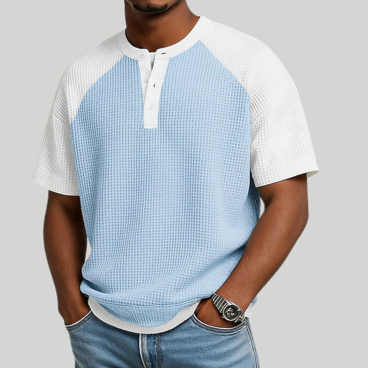 Men's Waffle Knit Short Sleeve Casual Henley Shirt Top