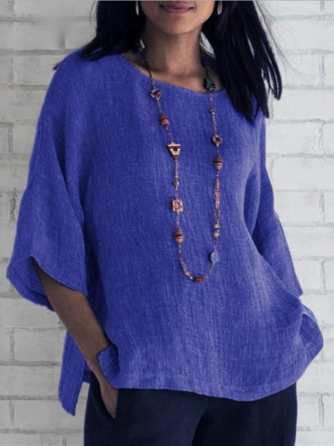 Women's Linen Knit Boat Neck Batwing Sleeve Loose Fit Tunic Top