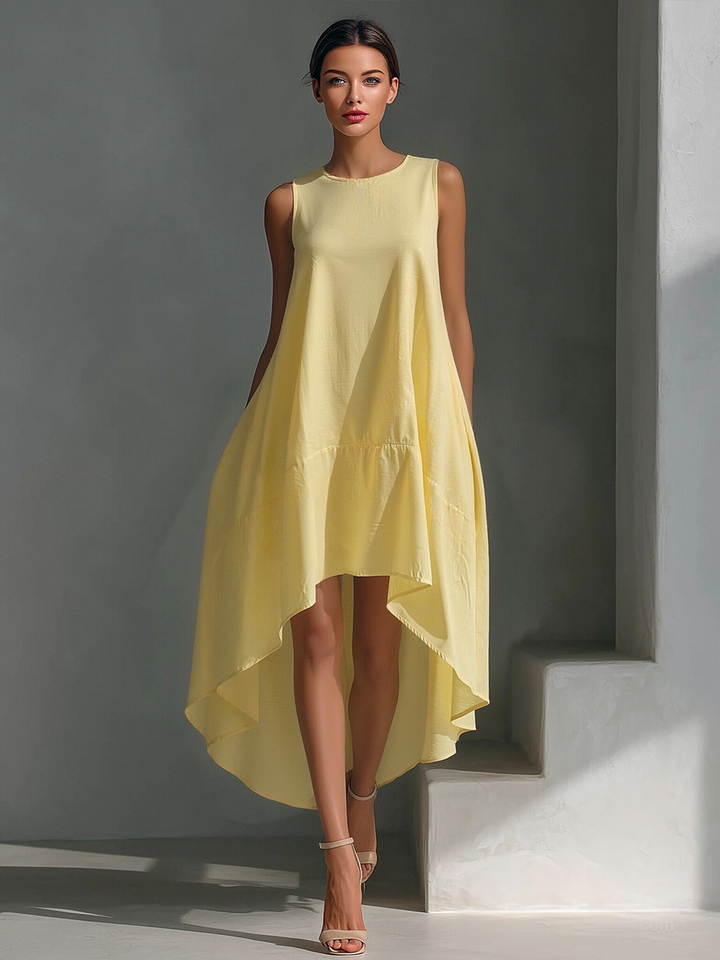 Women's Elegant Linen Sleeveless Round Neck High-Low Midi Dress