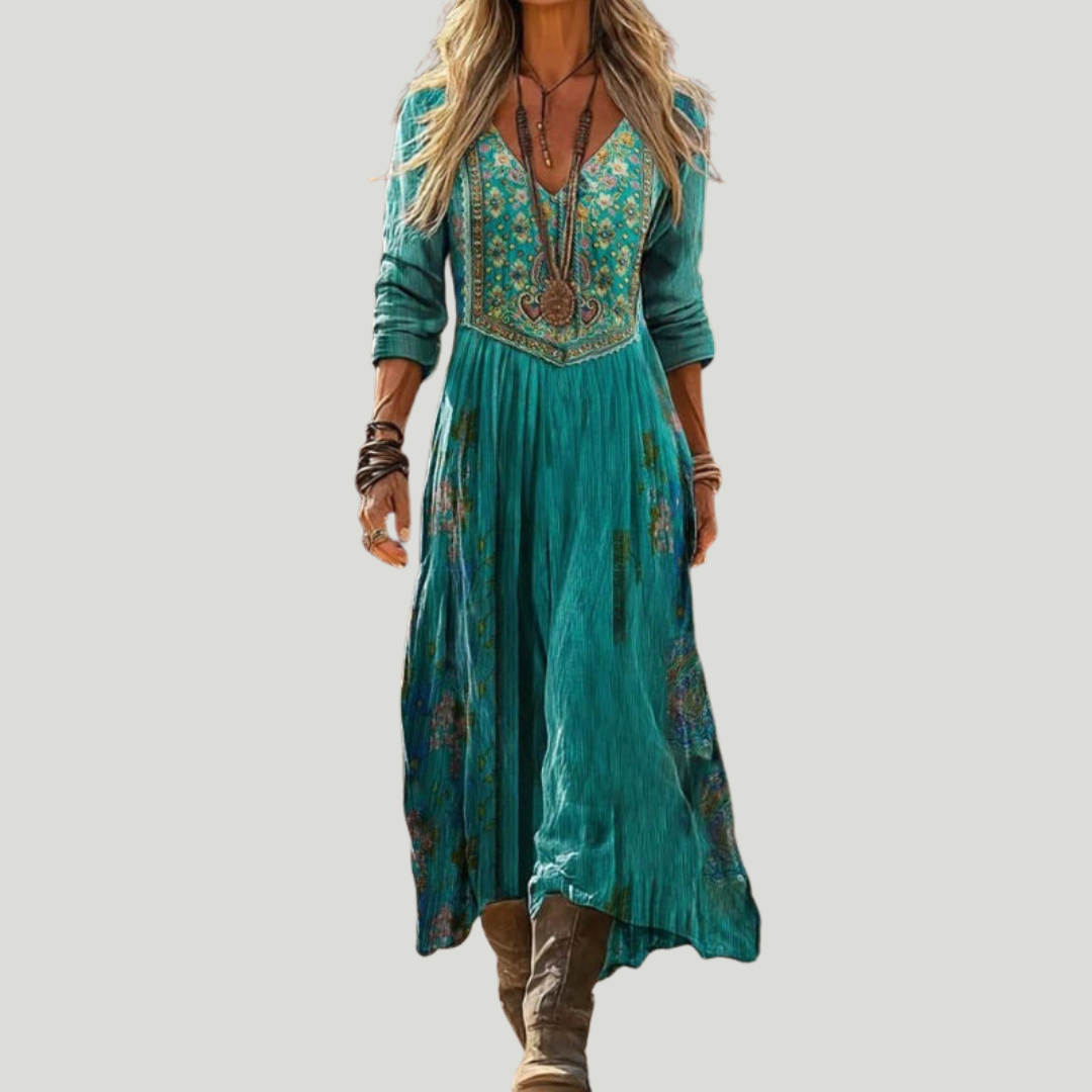 Women's Linen Boho V-Neck Long Sleeve Flowy A-Line Maxi Dress