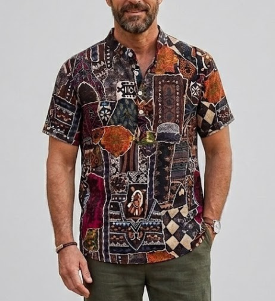 Men's Linen Short Sleeve Shirt Abstract Print Regular Fit Top