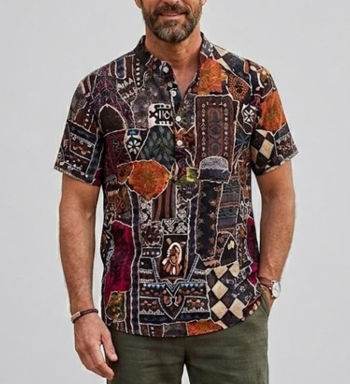 Men's Linen Short Sleeve Shirt Abstract Print Regular Fit Top