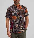 Men's Linen Short Sleeve Shirt Abstract Print Regular Fit Top